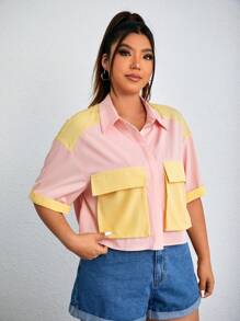 SHINGO Designer Business Casual Plus Color Block Crop Shirt With Flap Pockets, For Summer, Holiday, Vacation, Spring, Beach, Festival, Ibiza Fits, Office