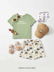 Conjunto De Bebé Niño Top De Manga Corta Con Estampado De Letras, Cocoteros Y Shorts Con Estampado Animal