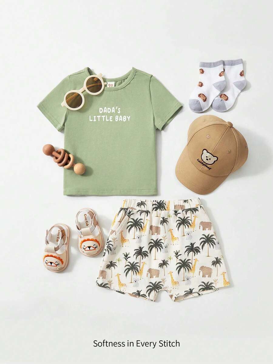 Conjunto De Bebé Niño Top De Manga Corta Con Estampado De Letras, Cocoteros Y Shorts Con Estampado Animal