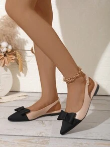 Fall/Winter Fairy Style Rhinestone Bowknot Closed Toe Sandals For Women, Khaki Color, With Ankle Strap, Pointed Toe, Flat Heels, Hollow Design, Summer