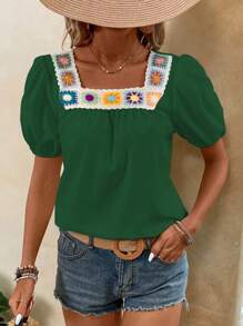 Breezaya Blusa suelta de manga corta con cuello cuadrado y mangas abullonadas para mujer con patrón floral para verano