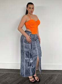 SHEIN SXY 大尺碼翻蓋口袋高衩裙 - 卡其色 - 查看 4