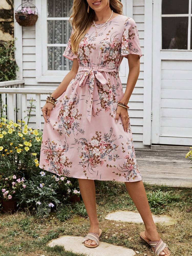 Women's Floral Print Ruffle Sleeve Waist Dress