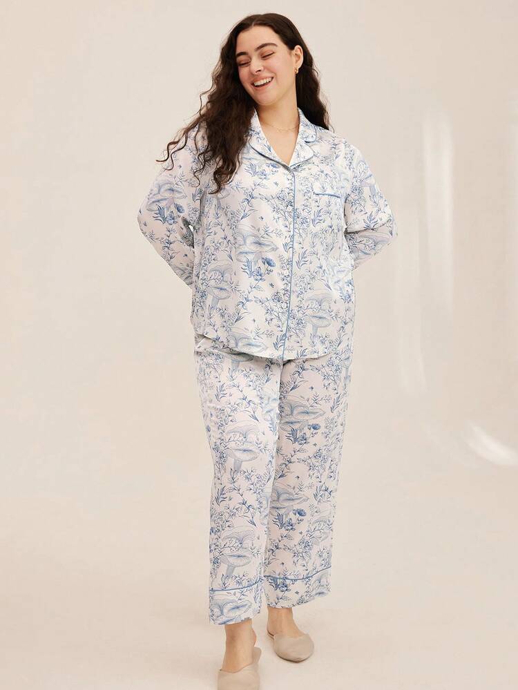 Plus Size Floral Pattern Satin Long Pajama Sets Lounge Set Fall Pajamas Clothes