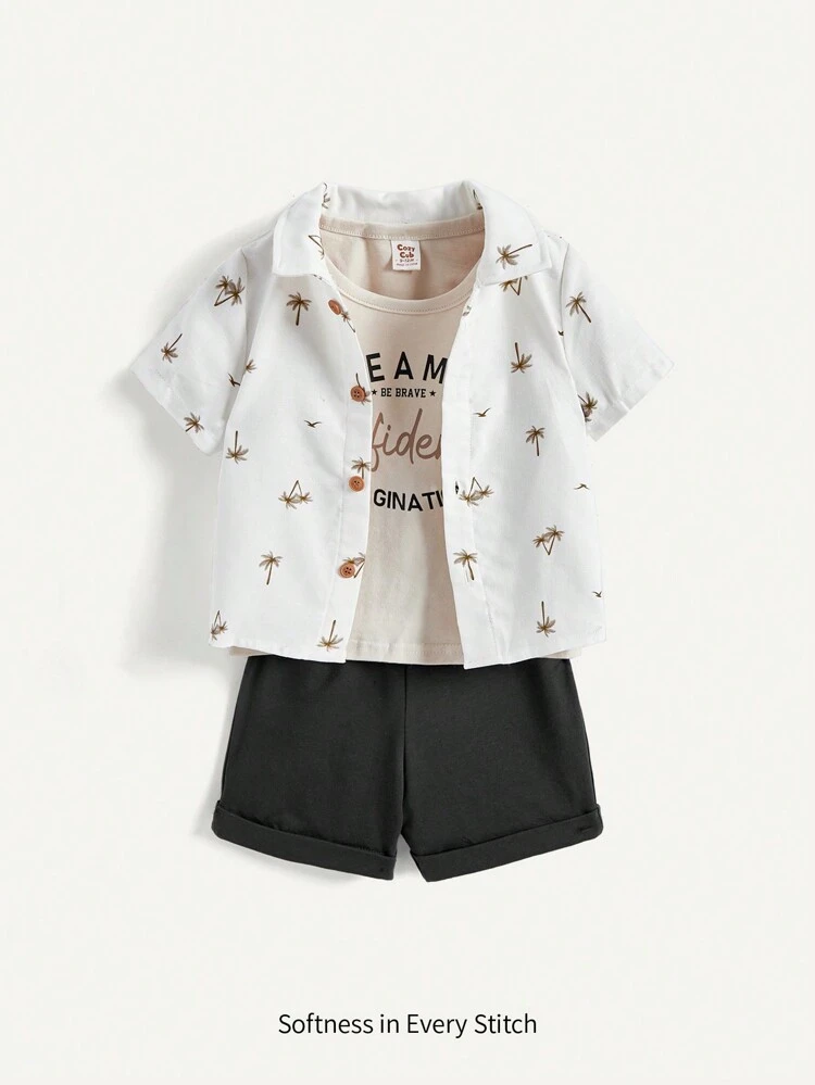 3pcs Baby Boys' Letter Print Tee, Coconut Tree Pattern Shirt & Solid Color Shorts Set