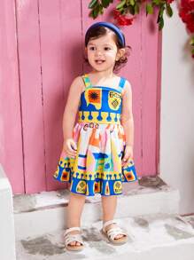SHEIN Baby Girl Parent-Child Vacation Floral Geometric Pattern Cami Top Elastic Waist Skirt Suit Suitable For Summer