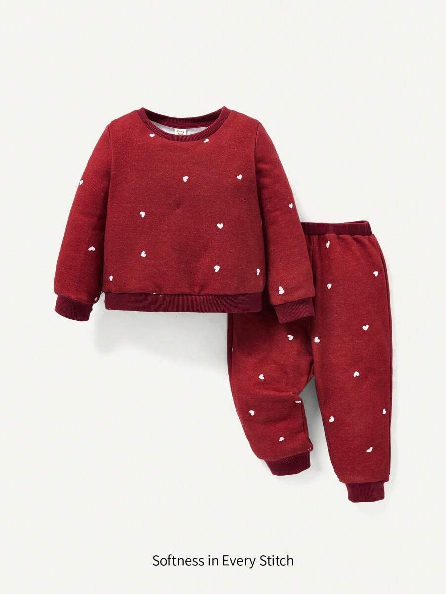 Cozy Pixies 寶貝女孩愛心圖案圓領運動衫和褲裝套裝 - 酒紅色 - 查看 1