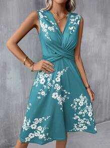 SHEIN Clasi Vestido Azul De Línea A Con Diseño Floral Y Detalle De Twist En La Parte Delantera - Azul menta - Ver 6