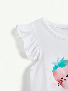Cozy Pixies Conjunto de blusa de volantes con estampado de fresa y pantalones con pies para niña pequeña con diseño de dibujos animados