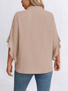 Plus Size Tie Neck Ruffle Sleeve Faux Pearl Button Shirt