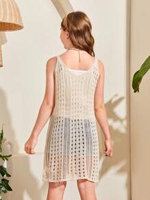 SHEIN Áo len phong cách ngày lễ Tween Girl & Váy dây đeo spaghetti rỗng - Màu be - Xem 2