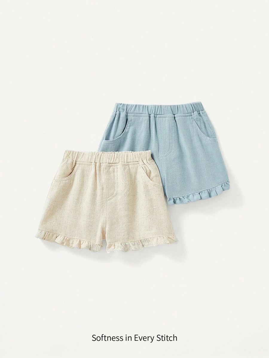 Cozy Pixies Baby Girl Ruffle Hem Solid Color Elastic Waistband Casual Shorts 2pcs/Set - Multicolor - View 1
