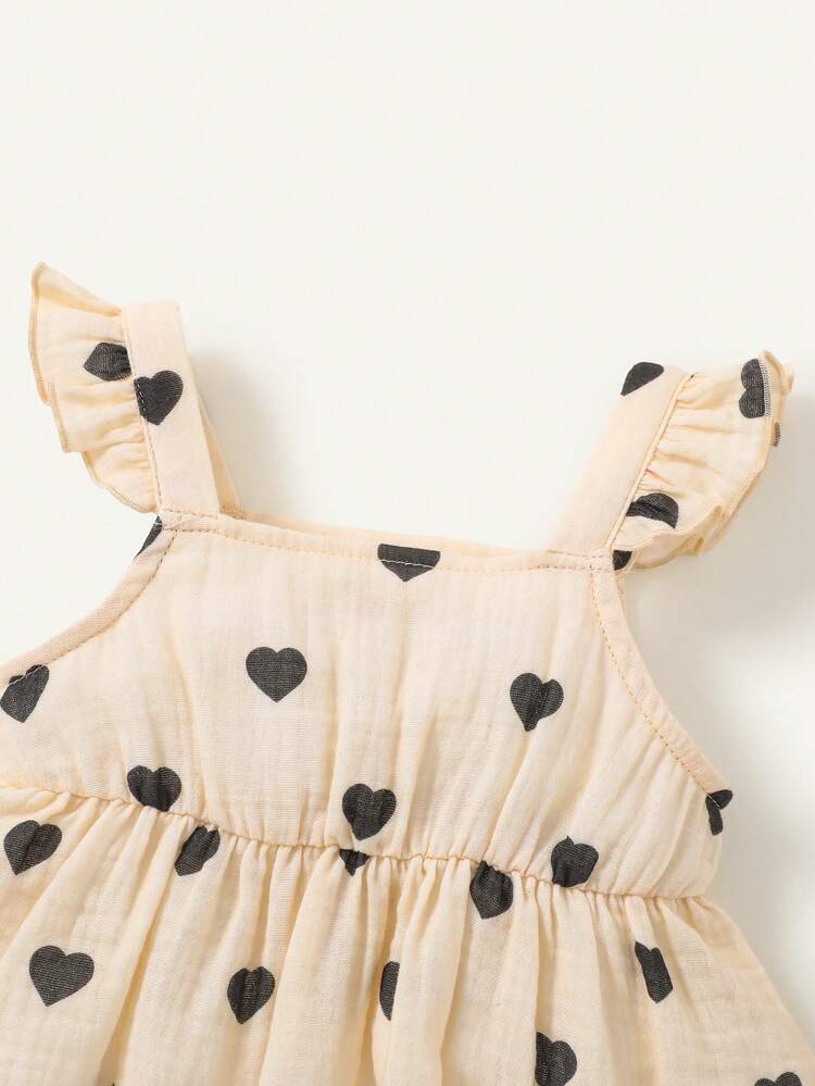 Baby Girl Heart Printed Square Neck Ruffle Trimmed Cropped Top And Casual Shorts Set Matching Set
