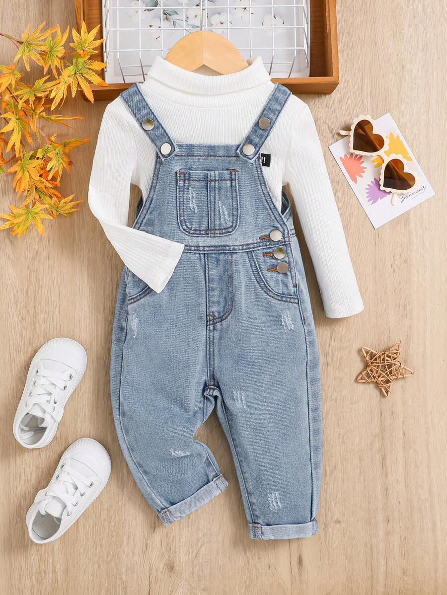 SHEIN Baby Girl Ripped Denim Overalls - Light Wash - View 1