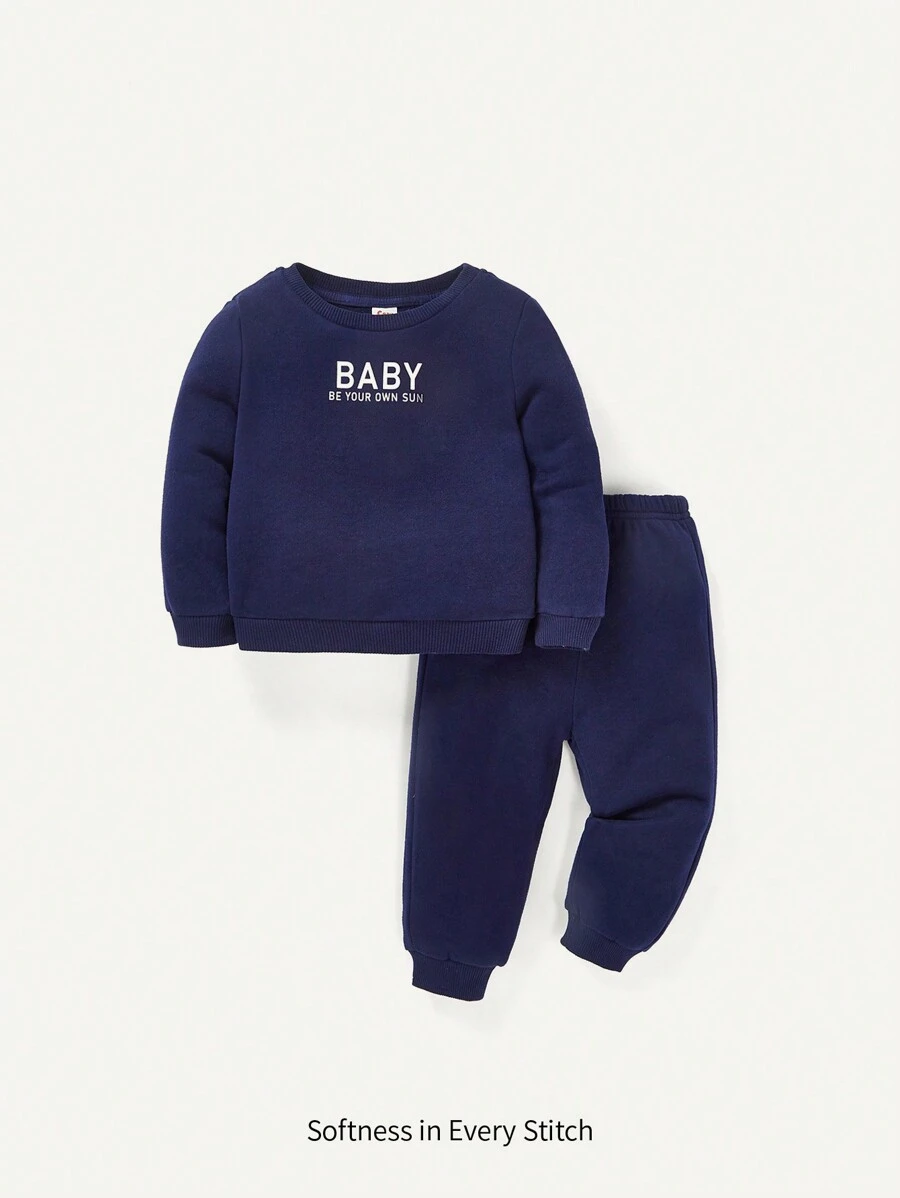Cozy Pixies Baby Boy Letter Print Drop Shoulder Long Sleeve Sweatshirt & Jogger Pants Set With Round Neckline - Navy Blue - View 1