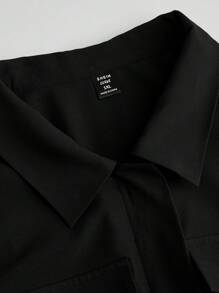 SHEIN Clasi 大码女式纯色纽扣半襟短款泡泡袖连衣裙长款女装 - 黑色 - 查看 3