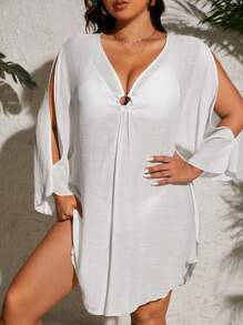 Swim Vcay 大尺碼夏季海灘休閒中空不規則下擺遮陽連衣裙