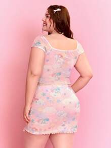 HELLO KITTY AND FRIENDS | SHEIN Plus Size Y2k Cute Cartoon Unicorn Printed Square Neckline Crop Top With Ruched Bust Lettuce Trim Hem And Skirt - Baby Pink - View 2