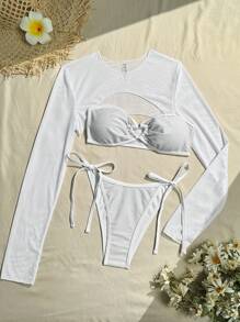 SHEIN Swim Women Solid Color Bandeau Bikini Set For Vacation With Mesh Long Sleeve Cover Up Top Summer - Silver - View 3