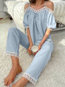 Lullawish 刺绣装饰露肩短袖上衣和长裤睡衣套装，适合春夏季睡衣套装