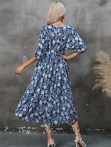 女士 V 领宽松休闲沙滩罩衫连衣裙，波西米亚度假风格 - 藏蓝色 - 查看 2