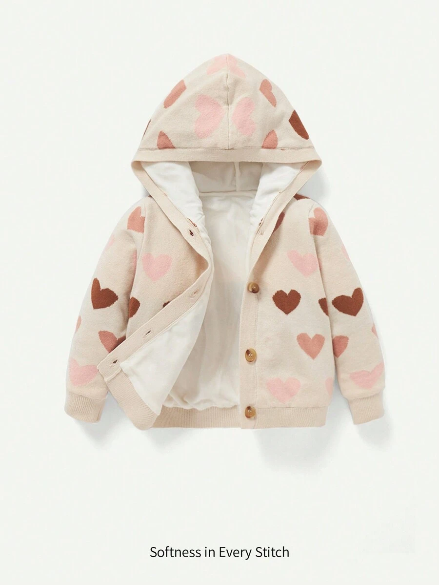 Cozy Pixies Baby Girl Heart Pattern Thermal Lined Hooded Cardigan - Multicolor - View 1