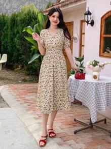 DAZY Đầm ngắn tay in hoa kiểu Pháp thời trang dành cho nữ, đầm mùa hè, đầm thu, trang phục giáo viên, trang phục đi nghỉ mát, đầm lễ Phục sinh. - Nhiều màu - Xem 1