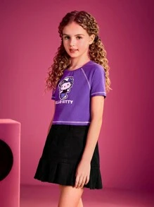 HELLO KITTY AND FRIENDS | SHEIN 青少女對比縫紉拉格蘭袖可愛休閒t卹夏季款 - 紫色 - 查看 7