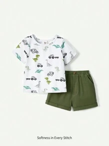 Cozy Pixies Conjunto De 2 Piezas Para Bebé Niño, Camiseta De Manga Corta Con Estampado De Dinosaurio Y Cuello Redondo Junto Con Pantalones Cortos De Un Solo Color