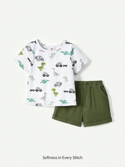 Cozy Pixies Baby Boy Cartoon Dinosaur Pattern Short Sleeve T-Shirt With Round Neckline And Solid Color Shorts 2pcs Outfit