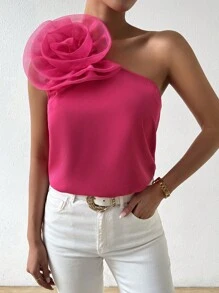 Chiquease Camisa para mujer de un hombro con flores 3D - Rosa Fucsia - Ver 5