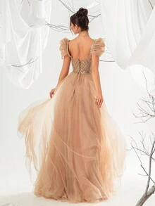 VIPGIRL Damen Abendkleid mit Pailletten-Dekor, hohem Schlitz und Mesh, elegantes Partykleid für Abschlussball, Dinner, formelle Abende und Hochzeitsgäste