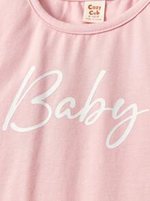 Cozy Pixies Baby Girls' Letter Printed Round Neck Top And Shorts 4pcs/Set Matching Set - Pink - View 3