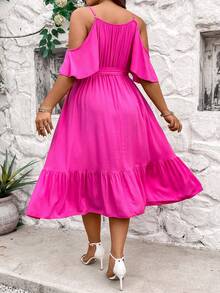 Celure Plus Size Summer Holiday Solid Color Cold-Shoulder Strap Dress - Hot Pink - View 2