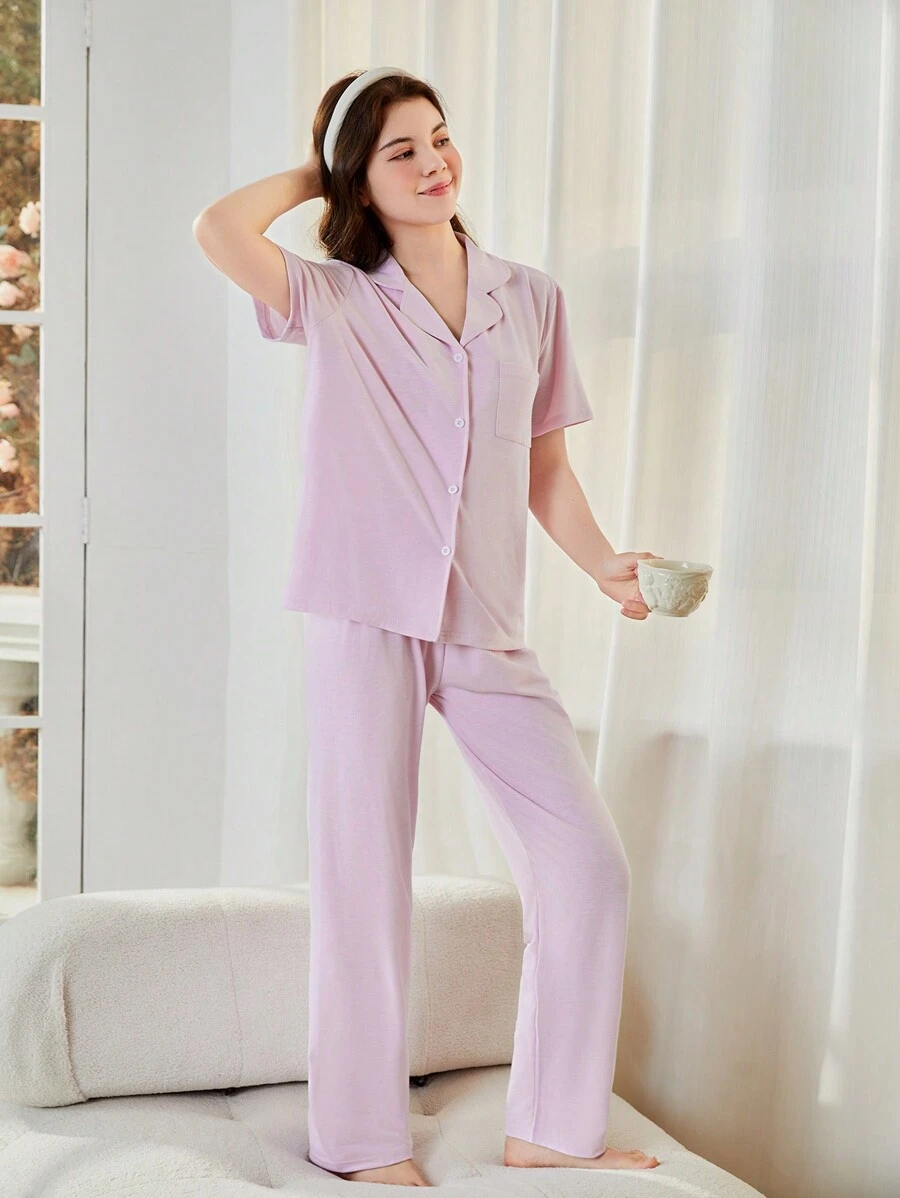 少女粉色簡約短袖上衣和長褲家居服套裝，適用於春夏季 - 粉色 - 查看 1