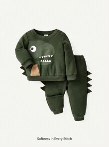 Cozy Pixies Baby Boy Cartoon Animal Printed Round Neck Pullover Sweatshirt And Pants Set