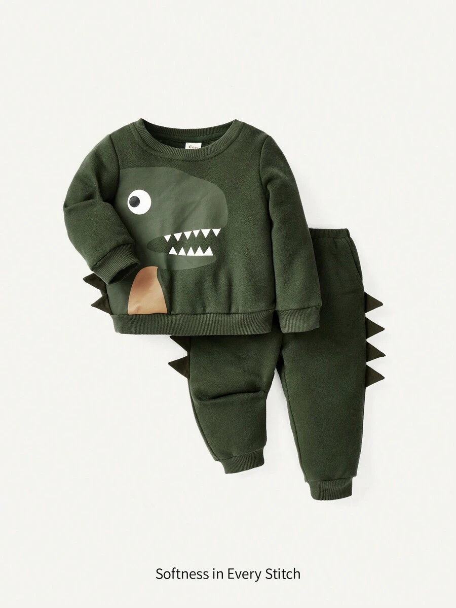 Cozy Pixies Baby Boy Cartoon Animal Printed Round Neck Pullover Sweatshirt And Pants Set