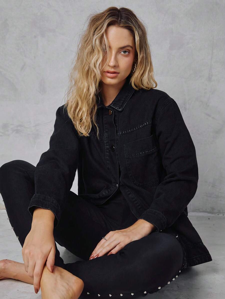 SHE(IN) BRASIL 1入組口袋貼布單排釦牛仔外套 - 黑色 - 查看 1