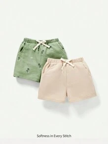 Cozy Pixies Em bé Con trai Hoạt hình Cây dừa Mẫu Màu thuần Giải trí Quần short 2 cái/bộ - Màu Khaki - Xem 1
