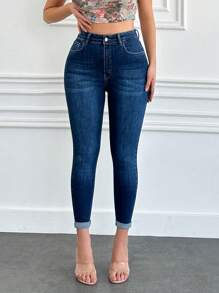 HIGH WAIST SKINNY FOLD UP DETAILS AND BACK LABEL JEANS - Dark Wash - View 1