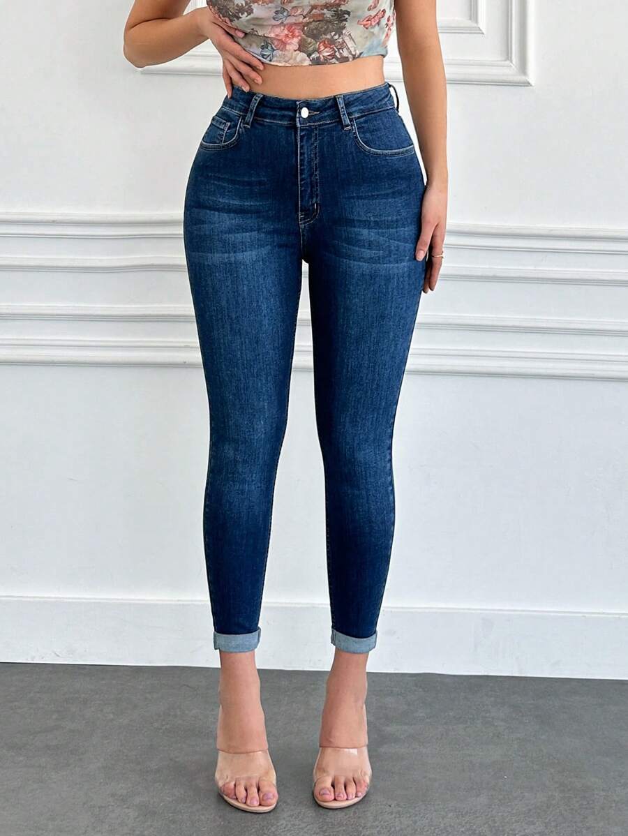 HIGH WAIST SKINNY FOLD UP DETAILS AND BACK LABEL JEANS - Dark Wash - View 1