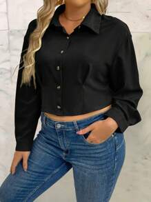 Calvaya Blus Ukuran Plus Tombol Tombol Depan Plain Casual - Hitam - View 1