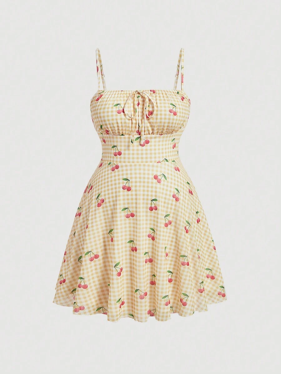SHEIN MOD 大码女式樱桃格子印花系肩背心裙，适合春季度假派对 - 綠色 - 查看 1