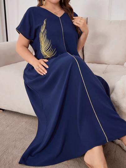 Al Najma Plus Size Loose Fit Casual Long Dress With Embroidered Design