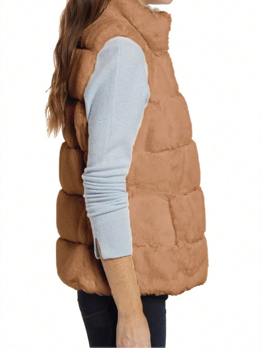 SHEIN LUNE Women's Fashionable Casual Plush Winter Vest For Warmth And Style - Camel - View 1