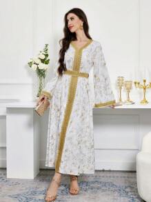 Al Najma Women's Elegant Arabic Embroidery Dress - White - View 8