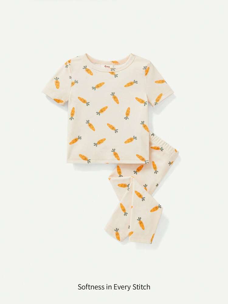 Baby Girl Snug Fit Knit Carrot Pattern Cartoon Short Sleeve Top & Footed Pants Home Wear Pajama Set