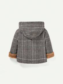 Cozy Pixies Baby Boy Glen Plaid Print Fuzzy Lined Hooded Overcoat Without Tee - Brown - View 2