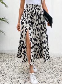 SHEIN Frenchy Allover Leopard Print Split Thigh Skirt Winter Brown - Khaki - View 5