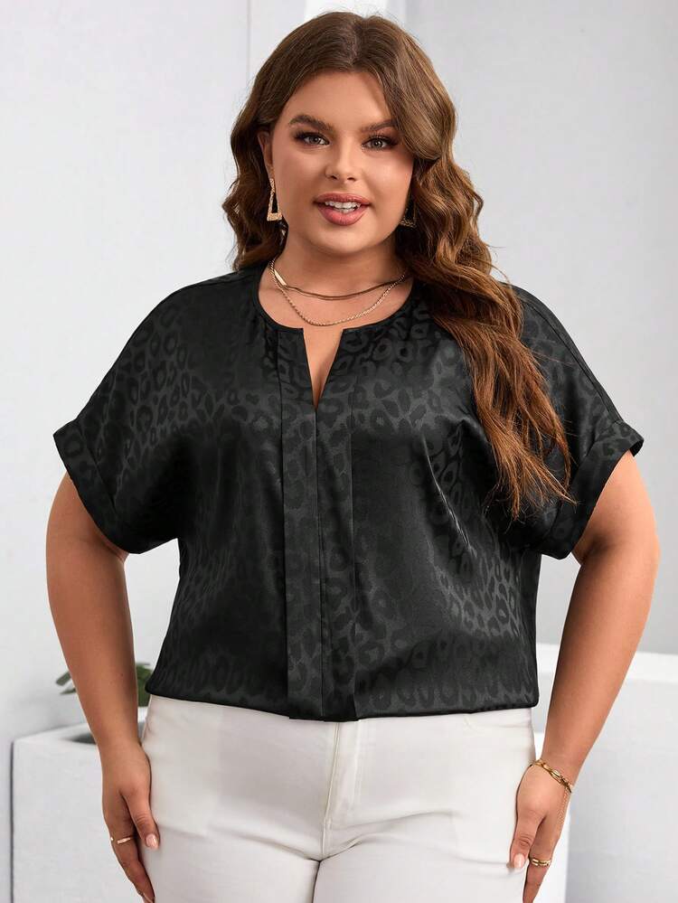 Plus Size Summer Casual Leopard Jacquard Notch Collar Shirt